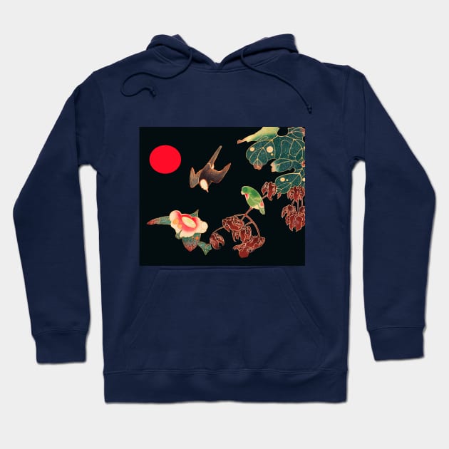 BIRDS,FLOWERS,LEAVES AND RED SUN IN BLACK, Japanese Dark Floral Hoodie by BulganLumini